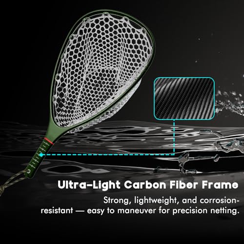 Riverruns Fly Fishing Landing Net Carbon Fiber Trout Net with Measurement Handle, Soft Rubber Mesh - 26" Standard (Wading) / 37" Long (Kayak) - color: 37" Kayak Net (Long) - Green Carbon
