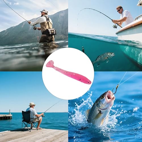 50PCS 5cm Soft Plastic Fishing Lures, PVC Paddle Tail Swimbaits for Bass Trout Walleye Crappie, T-Tail Grub Worm Baits Tackle Accessory - color: Pink