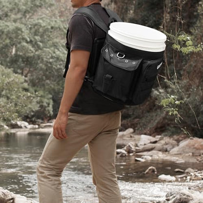 Fishing Bucket Backpack with Rod & Plier Holder and Pockets for Fishing, Hunting, Apple Picking for 5 Gallon Bucket (Black) - color: Black