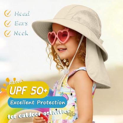 Outdoor Kids Sun Hats with Neck Flap Boys Girls Wide Brim UPF 50+ UV Protection Children Bucket Hat Safari Hat - color: 1pack-beige