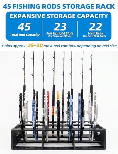 BLUEWING 45 Fishing Rods Storage Rack Trolling Aluminum Bent Butt Rod Holder Mounted Pole Organizer Large Capacity for Poles and Reel Combos, Black - color: Black