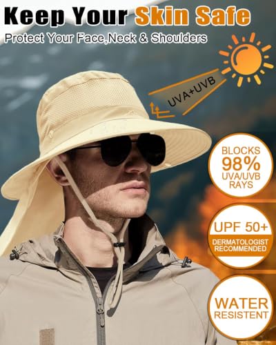 Outdoor Sun Hats with Stowable Neck Flap for Men Women UPF 50+ Mesh Summer Bucket Hat Wide Brim for Fishing Safari Hiking - color: Beige