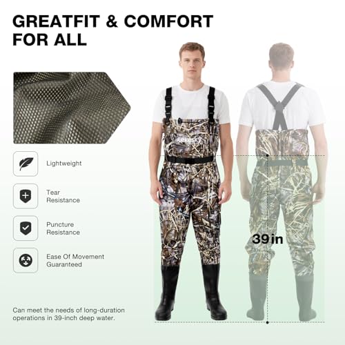 Lekesky Fly Fishing Chest Waders with Boots for Men Women, US Sizes 5–14,2-Ply Nylon/Pvc Waterproof Waders - color: Camo, size: M8/W10
