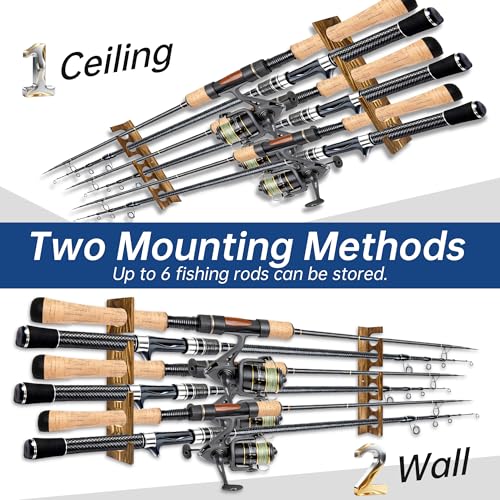 Wood Fishing Rod Holders, Fishing Rod Rack for Wall or Ceiling Mounted Fishing Pole Holders Up to 6 Fishing Rod Storage, Fishing Pole Rack for Garage Organization