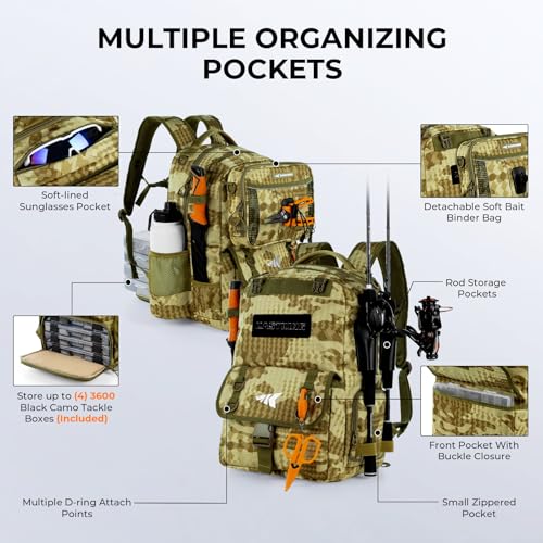 KastKing BaitSpace Fishing Tackle Backpack with Removable Bait Binder,2 Rod Holders Storage Fishing Gear and Equipment - color: D: Khaki Camo, size: With (4) 3600 tackle boxes