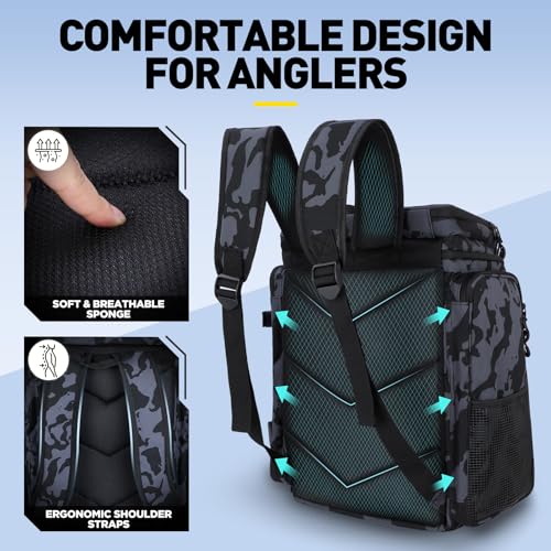PLUSINNO Fishing Tackle Backpack with Rod Holders，42L Water-resistant Fishing Bag Store Fishing Gear, Fisher Gifts For Men. - color: Black Camo（4 Tackle Boxes Included）