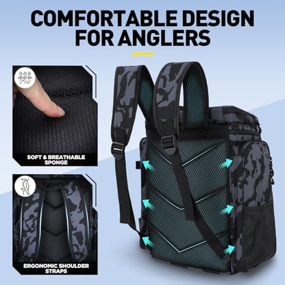 PLUSINNO Fishing Tackle Backpack with Rod Holders，42L Water-resistant Fishing Bag Store Fishing Gear, Fisher Gifts For Men. - color: Black Camo（4 Tackle Boxes Included）