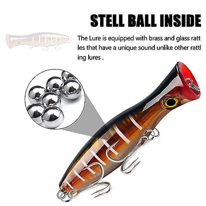 6 Pcs Large Top Water Popper,4.7 in Saltwater Poppers Fishing Lures,3D Eyes with Hooks and Ring for Surf Fishing, Bluefish,Fishing Gt Tuna Kingfish Large Predator Fish