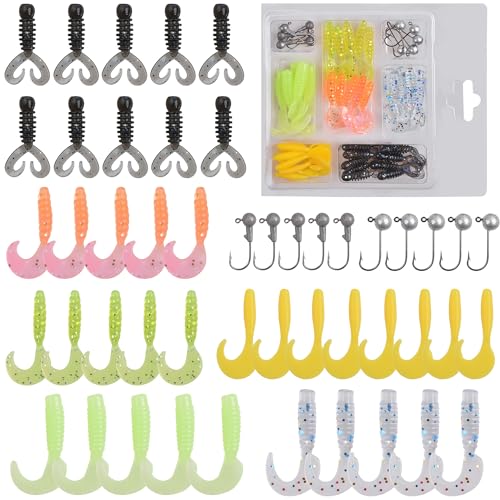 Soft Plastic Fishing Lure Jig Head Hook Kit,Grub Worm Lures Crappie Jigs Head Grub Tail Swimbait Tube Bait Jigs for Saltwater Freshwater, Trout Crappie Fishing - color: 48PCS Sets