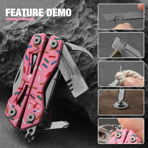 VIRENKNIFE 13-in-1Multi Tool Pliers, Stainless Steel Mini EDC Multitool with Pocket Knife,Screwdriver，Bottle Opener，Fishing Hook Sharpener，Perfect for Camping, Hiking, Fishing（Donut） - color: Pink Donut