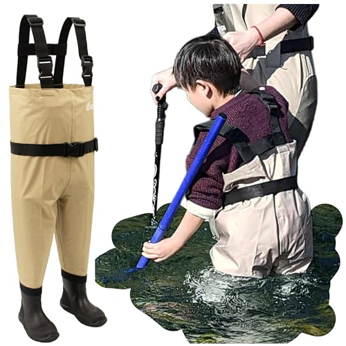 kids to youth waterproof chest waders, Swamp Mudding wader for boys and girls - color: Tan Solid, size: Feet:10.5C/EU27; Height≦113cm
