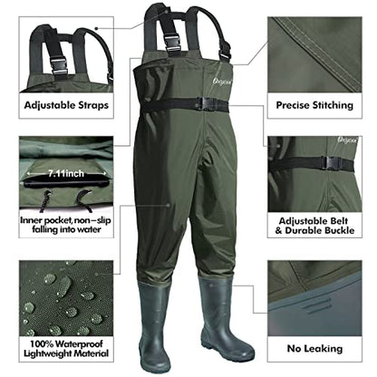 Chest Waders with Boots for Men & Women, Nylon/PVC Lightweight Fishing Wader with Boots Hanger - color: Army Green, size: M13/W15
