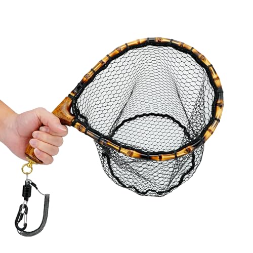 Fly Fishing Net with Release, Lightweight Trout Fishing Net with Wooden Handle Frame, Rubber-Coated Mesh Landing Nets for Minnow, Catch and Release