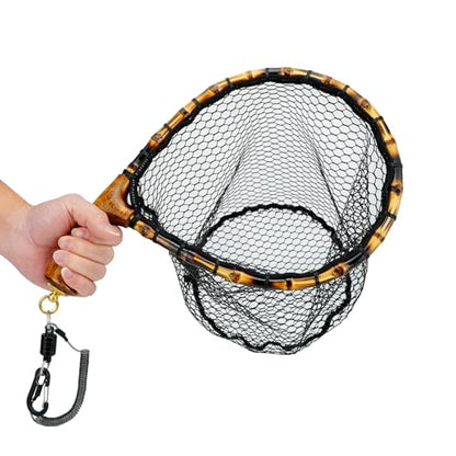 Fly Fishing Net with Release, Lightweight Trout Fishing Net with Wooden Handle Frame, Rubber-Coated Mesh Landing Nets for Minnow, Catch and Release