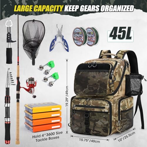 RAINSMORE 45L Fishing Backpack with Rod Holders & Rain Cover Large 900D Water-resistant Fishing Tackle Bag Store Fishing Gear - color: Khaki Camouflage