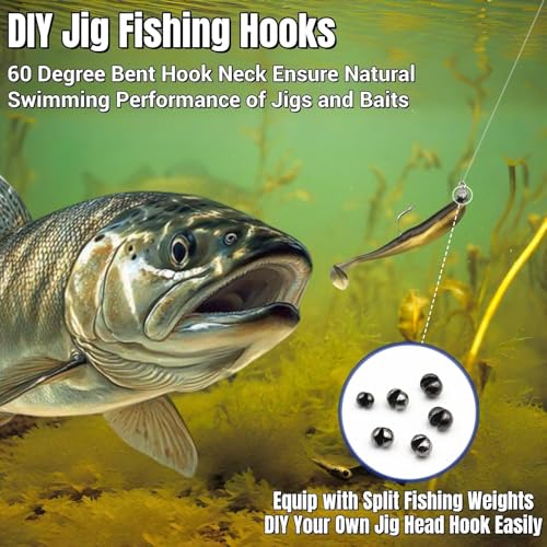 200Pcs 60 Degrees Round Bent Jig Hooks for Molds | Fly Tying Freshwater, For Bass Trout Crappie, 10 Sizes Assorted, 6# 4# 2# 1# 1/0 2/0 3/0 4/0 5/0 6/0