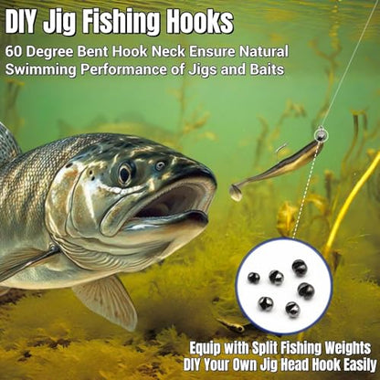 200Pcs 60 Degrees Round Bent Jig Hooks for Molds | Fly Tying Freshwater, For Bass Trout Crappie, 10 Sizes Assorted, 6# 4# 2# 1# 1/0 2/0 3/0 4/0 5/0 6/0