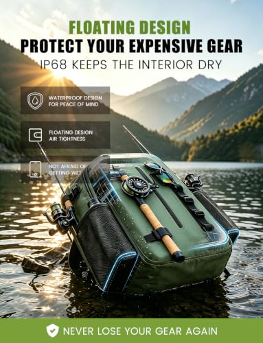 Floating Fishing Backpack IP68 Waterproof Submersible Zipper, Tackle Backpack Fits 2-3 3700 Tackle Boxes, 840D PVC Tackle Backpack with 3 Rod Holders, Fishing Accessories Gift for Men & Women