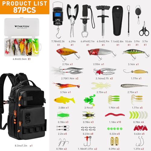 THKFISH Fishing Backpack with Rod Holder, Fishing Tool Kit, Water-Resistant Bag With Fishing Lures Kit, Fishing Tackle Box and Pliers Set for Men Women (Black-87pcs) - color: Black-87pcs