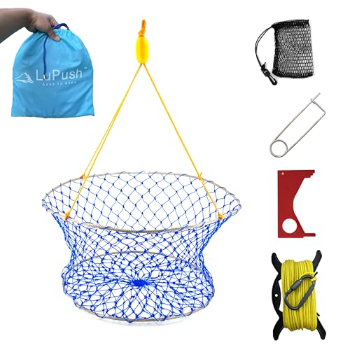 Stainless Collapsible Crab Net with 100ft Rope, Bait Bag, Clip & Ruler – 6 Pieces Portable Crab Trap for Easy Storage – Durable Grid Design for Dock & Pier Crabbing - size: 24 inch