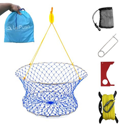 Stainless Collapsible Crab Net with 100ft Rope, Bait Bag, Clip & Ruler – 6 Pieces Portable Crab Trap for Easy Storage – Durable Grid Design for Dock & Pier Crabbing - size: 24 inch