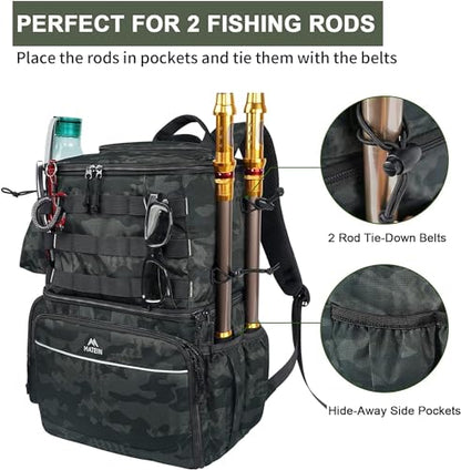 MATEIN Fishing Backpack, Water Resistant Tackle Storage Bag with Rod Holders & Cooler, Fishing Gifts for Men - color: Camouflage
