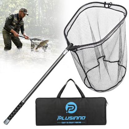 PLUSINNO Large Fishing Net, 3.4-7.7 FT Carbon Fiber Fish Net with Long Telescoping Handle, Kayak Fishing Gear Accessories Foldable Landing Net for Bass, Trout, Catfish, Fishing Gifts for Men Father - size: 3.4 FT (41.3") Not Extendable