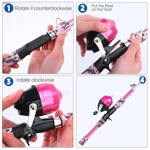Collapsible Telescopic Fishing Rod and Reel Combo Push Button Small Fishing Pole Kit Beginner Youth Boys Fishing Starter Set Tackle - color: Camo Pink, size: 4.92FT