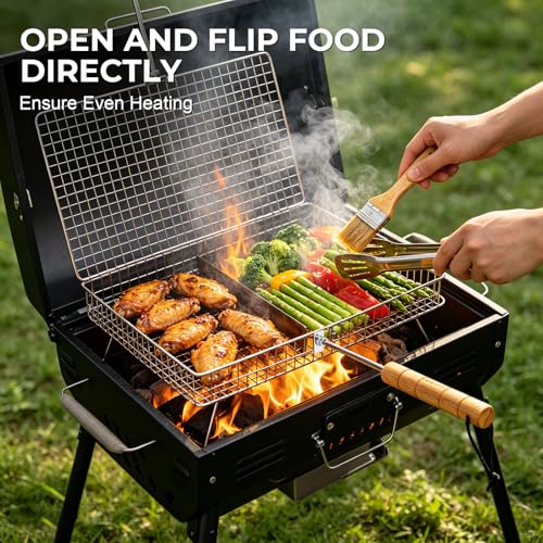 Grill Baskets for Outdoor Grill,Removable Wooden Handle and Divider Panel,BBQ Accessories for Grilling Fish,Veggies,Shrimp,Meat,Premium 304 Stainless Steel,Grilling Tools for Outdoor Cooking & Picnics,Gifts for Father’s Day,Birthday,Festival,Anniversary