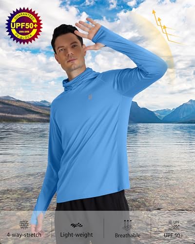 Roadbox Men's UPF 50+ Hooded Fishing Shirts Long Sleeve Sun Protection Hoodie, Hiking Running Swimming Rash Guard with Mask - color: Medium Blue, size: Medium