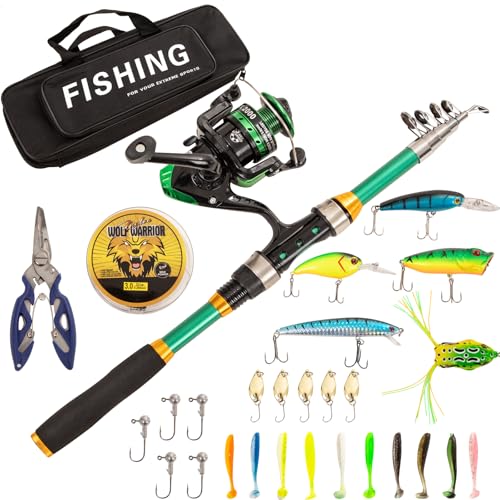 I00000 Fishing Rod and Reel Combos with Fiberglass Telescopic Fishing Pole - Spinning Reel Fishing Carrier Bag, Freshwater and Saltwater Fishing Rod Kit,Travel Fishing Kit for Bass Trout - color: Green