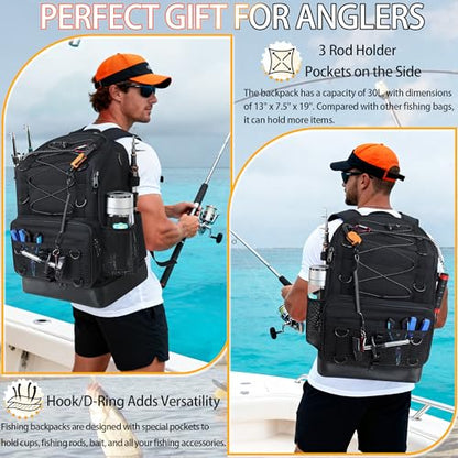 Fishing Backpack with Tackle Boxes and Rod Holder, Cooler, 30L Large Tackle Bag with Fishing Gear Lures Kit, Waterproof Bottom tackle Backpack Fish Set Gifts for Men Women-Black Back Pack - color: All Black