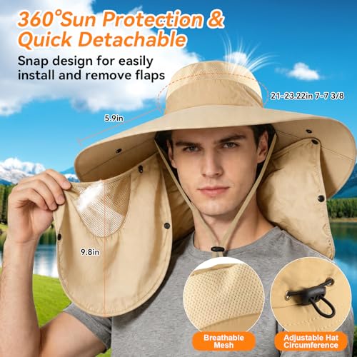 Super Wide Brim Fishing Hat UPF 50+ Sun Safari Hat with Removable Neck Face Flap - color: Khaki