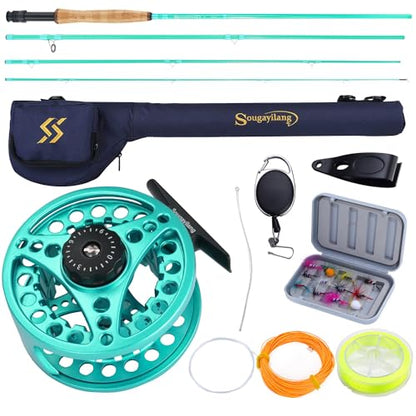 Sougayilang Fly Fishing Combo, 4 Piece Fly Rod and CNC Machined Aluminum Alloy Reel Complete Starter Package with Rod Bag - color: Fly Fishing Combo #5-Turquoisee