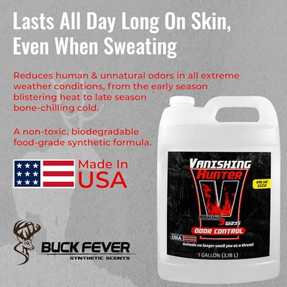 Buck Fever Vanishing Hunter Scent Killer Spray, Synthetically Formulated Hunting Scent - Suitable in Extreme Weather Conditions for Human & Gears - Scent Blocker Spray Neutralizers Human Odor - size: 1 - Gallon