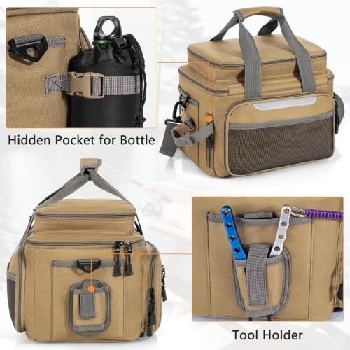Fishing Tackle Bag - Holds 3400-3600 Size Tackle Boxes -Saltwater & Freshwater Fishing Bags - Padded Shoulder Strap Fishing Bags (Kahki) (Bag Only) - color: Kahki