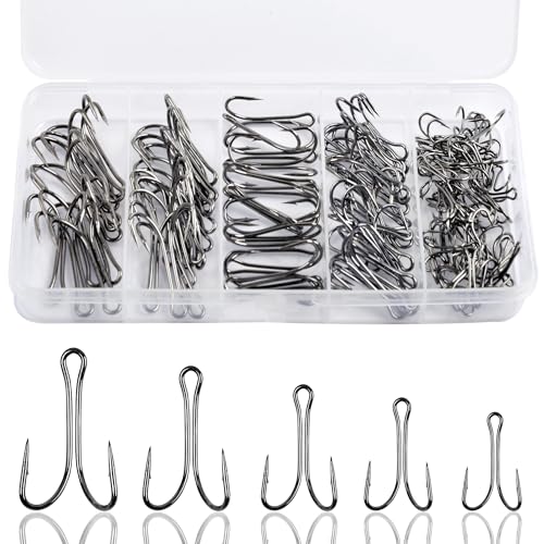Fishing Double Hooks with Tackle Box,145pcs Classic Double Frog Hooks Open Shank 3X Strong Fly Tying Hook High Carbon Steel Barbed Hook for Saltwater Freshwater 1/0 2# 4# 6# 8#