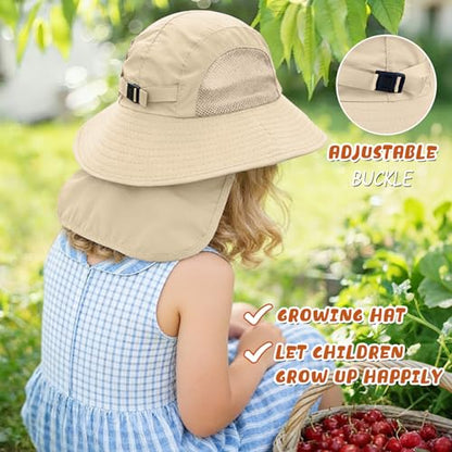 Outdoor Kids Sun Hats with Neck Flap Boys Girls Wide Brim UPF 50+ UV Protection Children Bucket Hat Safari Hat - color: 1pack-beige