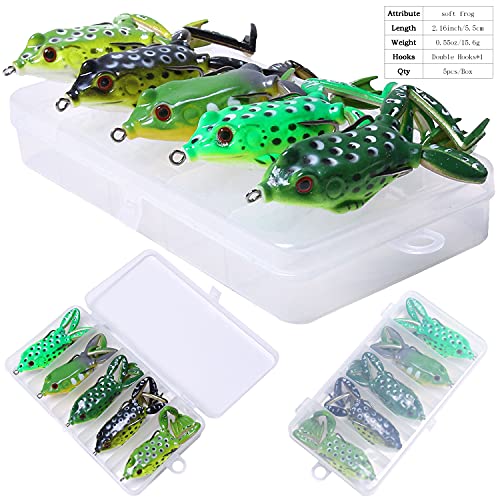 Frog Lure, Topwater Fishing Lures, Frog Lures for Bass Fishing, Top Water Frog Soft Swimbaits with Weedless Fishing Lures for Bass Trout Pike Snakehead,5pcs with Box