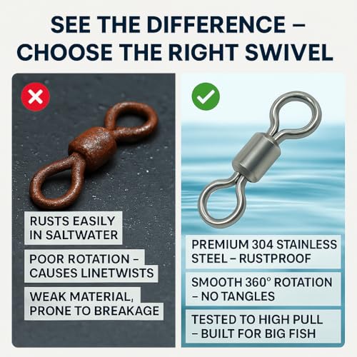 100 Pcs Fishing Swivels Saltwater, 100% 304 Stainless Steel Power Swivel Corrosion Resistance Barrel Swivels High Strength Freshwater Fishing Line Lure Leader Connectors - size: 4# 0.59" / 180LB