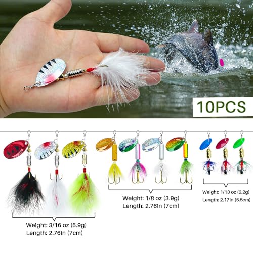 FouceClaus 10pcs Spinner Lures Baits with Tackle Box, Bass Trout Salmon Hard Metal Rooster Tail Fishing Lures Kit