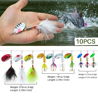 FouceClaus 10pcs Spinner Lures Baits with Tackle Box, Bass Trout Salmon Hard Metal Rooster Tail Fishing Lures Kit