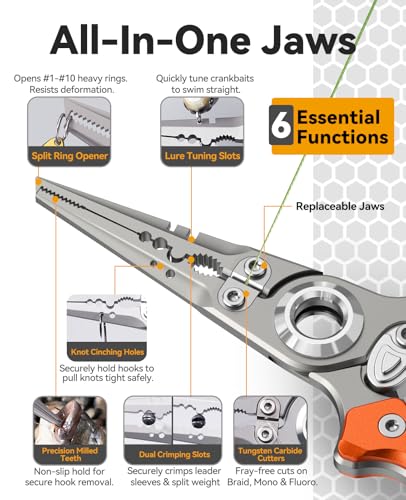 KEXMO 17-4 Stainless Steel Fishing Pliers, Anti-Twist Saltwater Hook Remover Tool, 7.17" Split Ring Pliers with Tungsten Cutters, Lightweight Aluminum Scales, Luminous Locking S-Carabiner - color: Orange