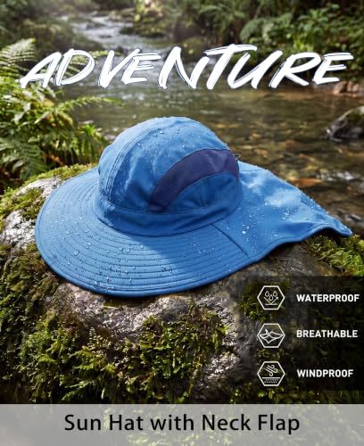 Home Prefer UPF 50+ Sun Hats for Men Women Wide Brim Fishing Hat with Neck Flap UV Protection Sunblock Safari Bucket Hat - color: Bright Blue