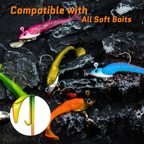FishTrip Underspin Jig Heads Hooks - 1/4 oz,3/8 oz,1/2 oz Swimbait Jig Head with Spinner Blade for Fishing Saltwater Freshwater 5pcs - size: 3/8oz_10.5g_10pcs