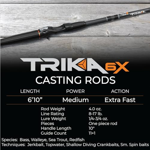 TRIKA 6X Spinning/Casting Carbon Rod Carbon Weave Rod for Extra Sensitive Vibration | Longer Casting | Lightweight Freshwater Fishing Pole - style: Spinning 6'10" Medium/Xtra Fast 1pc.