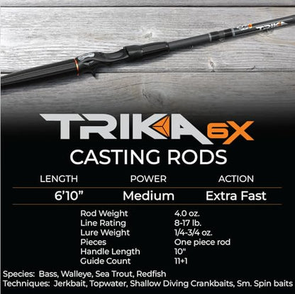 TRIKA 6X Spinning/Casting Carbon Rod Carbon Weave Rod for Extra Sensitive Vibration | Longer Casting | Lightweight Freshwater Fishing Pole - style: Spinning 6'10" Medium/Xtra Fast 1pc.