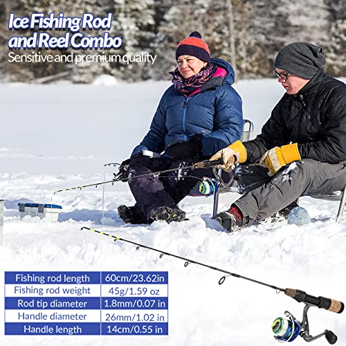 QualyQualy Ice Fishing Rod Reel Combo Complete Set Ice Fishing Gear with Backpack Seat Ice Cleats Ice Fishing Jigs Line Full Ice Fishing Kit 24" 26" - style: Spinning Reel Combo