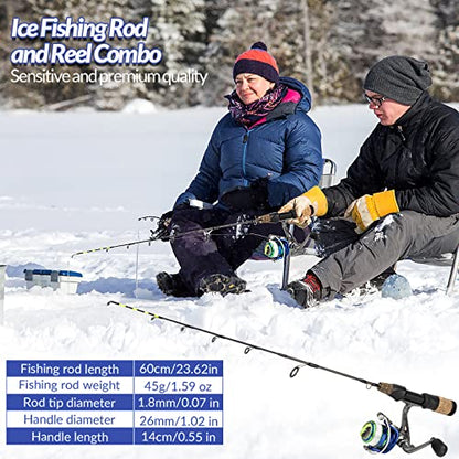 QualyQualy Ice Fishing Rod Reel Combo Complete Set Ice Fishing Gear with Backpack Seat Ice Cleats Ice Fishing Jigs Line Full Ice Fishing Kit 24" 26" - style: Spinning Reel Combo