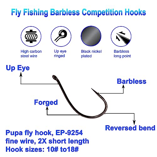 Eupheng 100pcs Plus Best Barbless Competition Fly Fishing Hook Collection, Dry Nymph Strimp&Pupa, Pupa jig Fly Hooks High Carbon Competition Hook - color: Pupa Fly Hook EP-9254, size: 18#